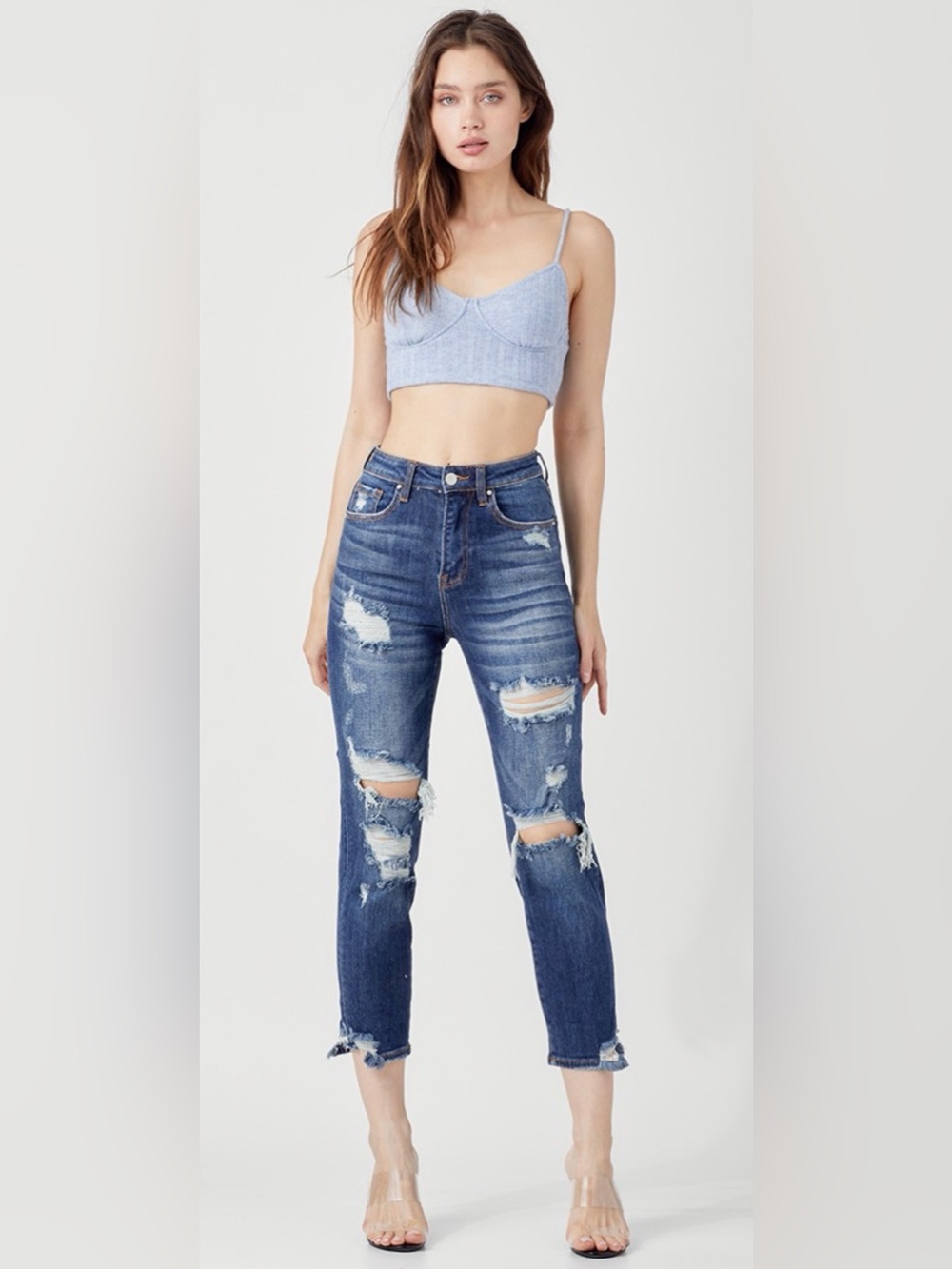 Risen Jeans  HIGH RISE CROP DISTRESSED Boyfriend TAPERED JEANS